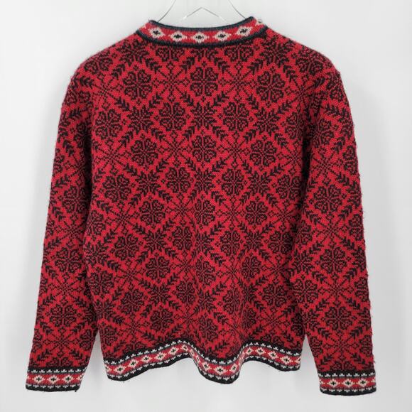 LL Bean Cardigan Womens Medium Merino Wool Red Black Snowflake Sweater Vintage - Picture 7 of 12